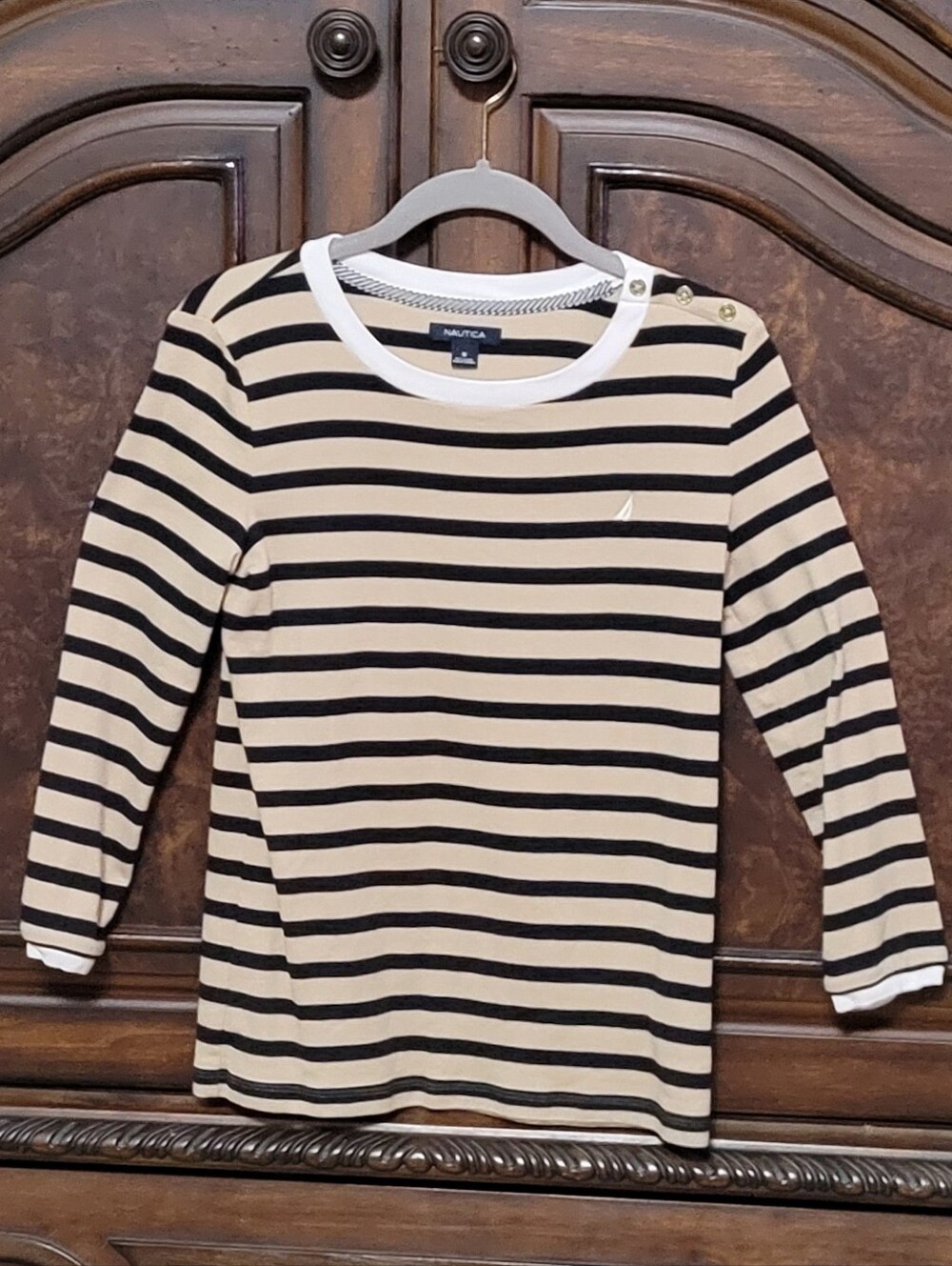 Nautica Women's Beige and Black Striped Long Sleeve Tee Small